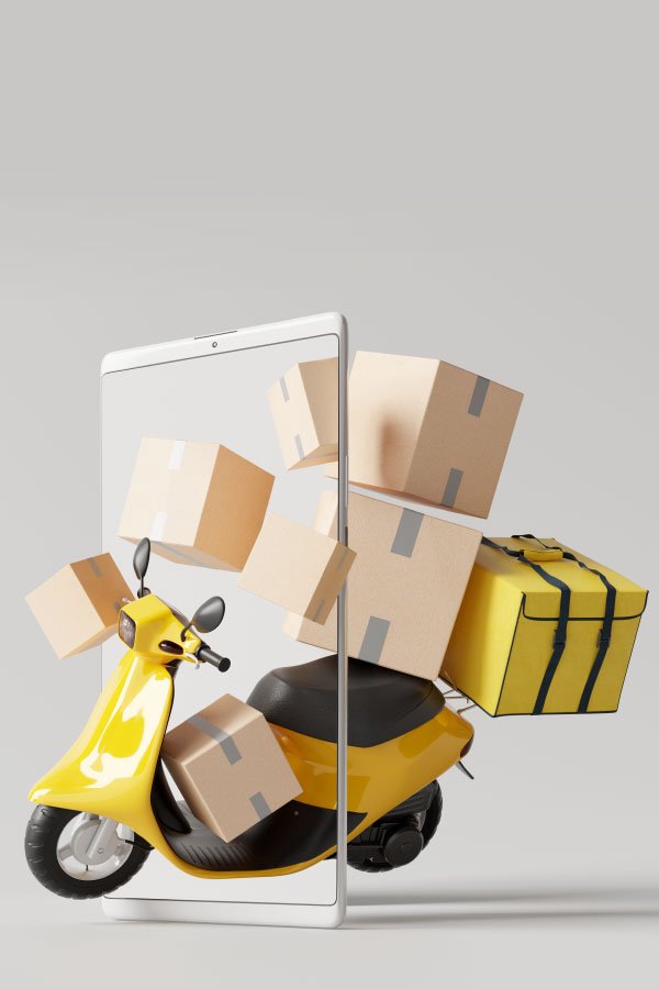 Expertise, die skaliert. Eine gelbe Vespa, die durch ein Handydisplay fährt